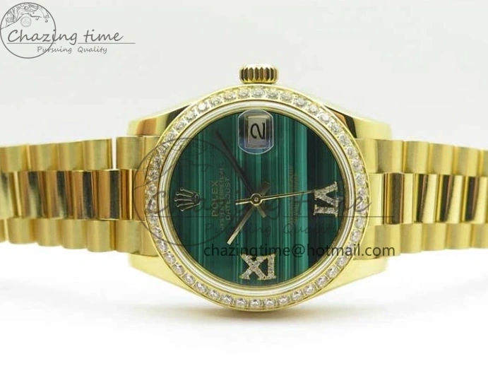 MiroTime 0305 Versatile Daydate 278288 31mm YG EWF Best Edition Green Malachite Dial Crystal Markers on YG President Bracelet ETA 2606